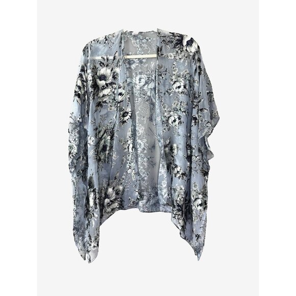 LC Silk Burnout Kimono Wrap Cardigan Blue Floral Boho Cottagecore Ethereal Fairy - Picture 1 of 9